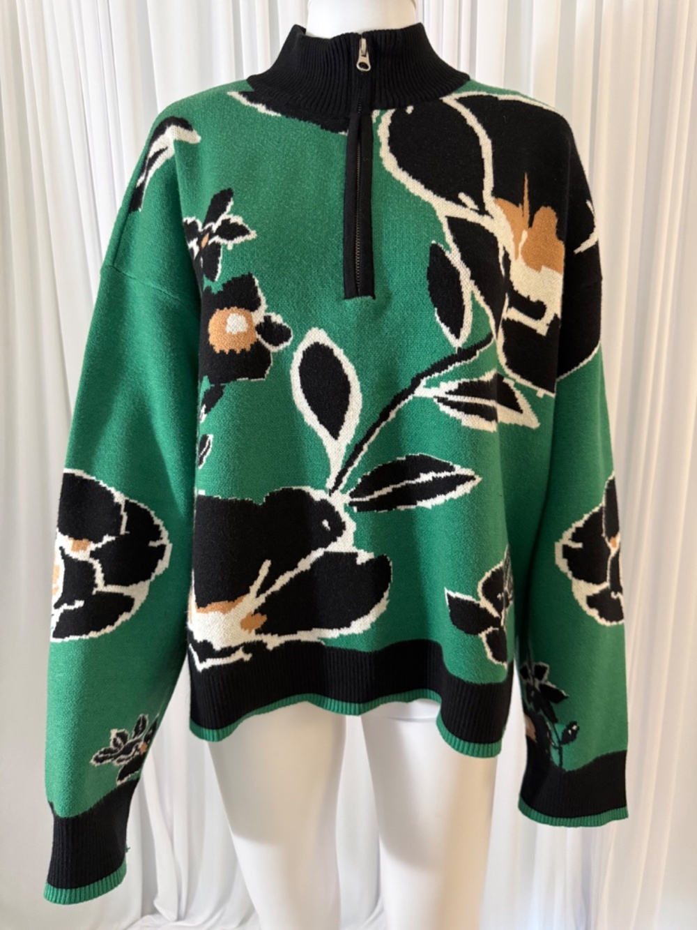 Sugarlips Carrey Floral Quarter Zip Sweater Green Black XL NWOT - Picture 3 of 16